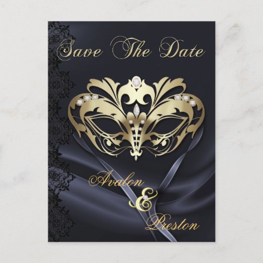 Gouden Masquerade Zwart Juweel Save The Date Brief Aankondigingskaart (Voorkant)