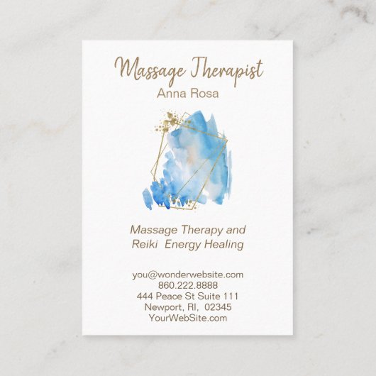 ** Gouden Massage Reiki Blauw Abstracte Waterverf Visitekaartje (Achterkant)
