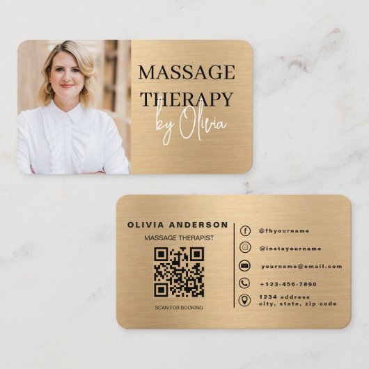 Gouden Massagetherapeut QR Code Wellness Spa Visitekaartje (Voorkant / Achterkant)