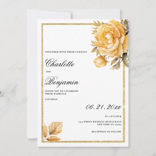 gouden mauve groene pioen bloemenbruiloft kaart (Voorkant)