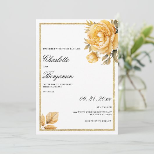 gouden mauve groene pioen bloemenbruiloft kaart (Staand voorkant)