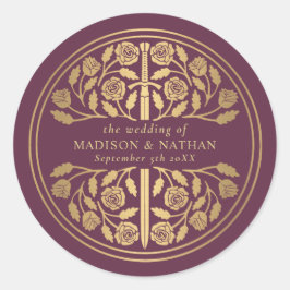 Gouden Mauve Koninklijk Middeleeuws Zwaard Huwelij Ronde Sticker
