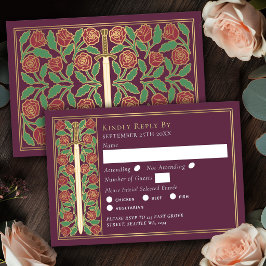 Gouden Mauve Middeleeuwse Bloem Zwaard Bruiloft RS RSVP Kaartje