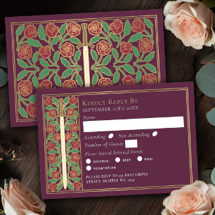 Gouden Mauve Middeleeuwse Bloem Zwaard Bruiloft RS RSVP Kaartje