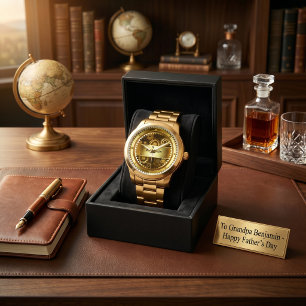 Gouden mechanische tandwiel opa-monogram Vaderdag Horloge