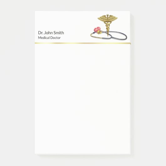 Gouden Medische Stethoscoop & Caduceus met Hart Post-it® Notes (Voorkant)