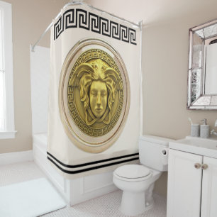 Gouden Medusa / Gorgon Griekse Sleutel Beige en Zw Douchegordijn