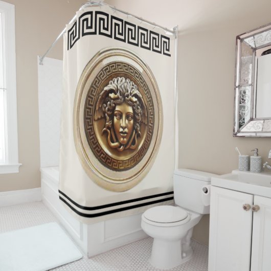 Gouden Medusa / Gorgon Griekse Sleutel Beige en Zw Douchegordijn (In situ)