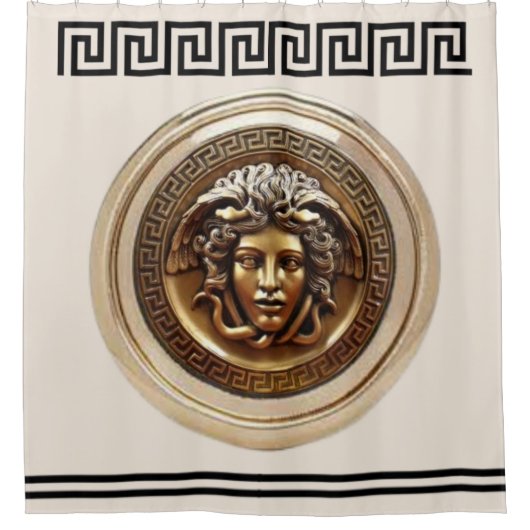 Gouden Medusa / Gorgon Griekse Sleutel Beige en Zw Douchegordijn (Voorkant)