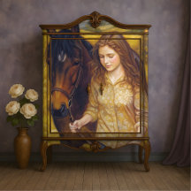 Gouden Meisje Kastanje Paard Herfstvelden Decoupag