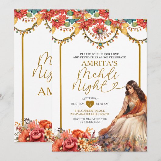 Gouden Menhdi Nacht Indische Dholki Paskitan Bloem Kaart (Voorkant / Achterkant)