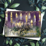Gouden Menorah Happy Chanoeka Paarse Groen Folie Feestdagenkaart<br><div class="desc">Gold Menorah Happy Chanoeka</div>