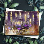 Gouden Menorah Happy Chanoeka Paarse Perzik Folie Feestdagenkaart<br><div class="desc">Gold Menorah Happy Chanoeka</div>