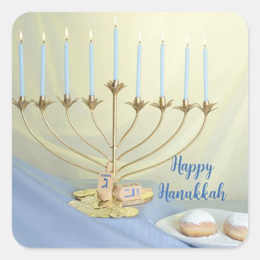 Gouden Menorah, Munten & Dreidels Happy Chanoeka Vierkante Sticker (Voorkant)