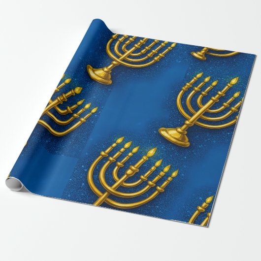 Gouden Menorah op sprankelende blauwe achtergrond  Cadeaupapier (Uitgerold)