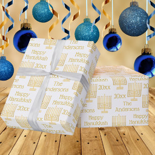 Gouden Menorah op Witte Elegante Gepersonaliseerde Cadeaupapier