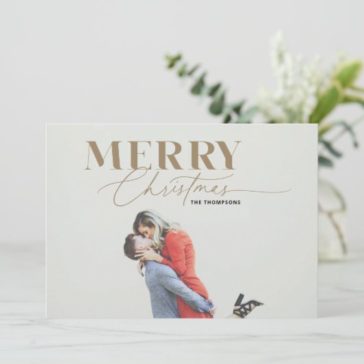 Gouden Merry Magic Script Serif Kerstmis Fotokaart Feestdagenkaart (Staand voorkant)