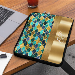 Gouden Metaal Glitter Zeemeerminnenstaart Monogram Laptop Sleeve