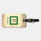 Gouden metaal, zwarte naam & monogram, groene doos bagagelabel (Voorkant horizontaal)