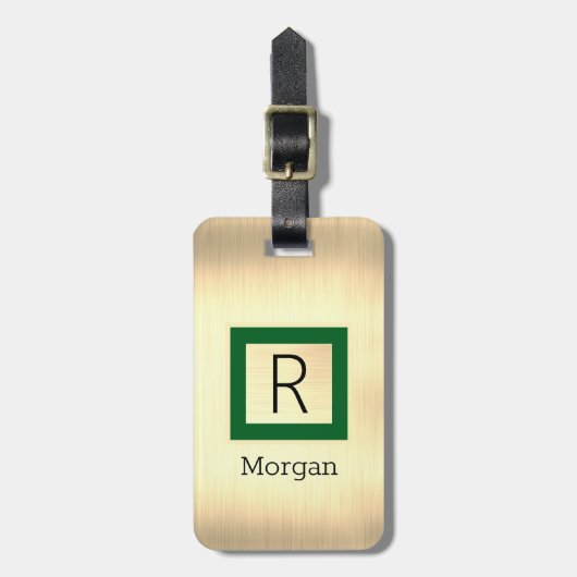 Gouden metaal, zwarte naam & monogram, groene doos bagagelabel (Voorkant verticaal)