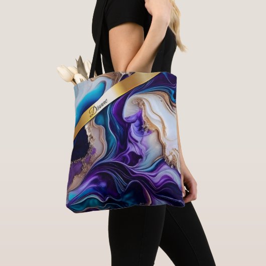 Gouden metalen accenten op blauwgroen en paarse we tote bag (Dichtbij)