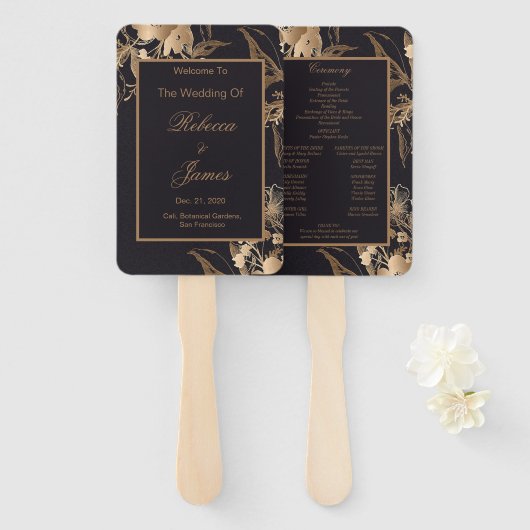 Gouden metalen bloemstuk bruiloftsprogramma H Handwaaier (Voorkant en achterkant)