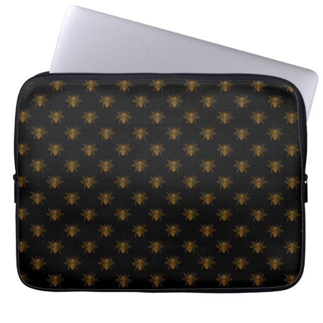 Gouden metalen folie bijen op zwart laptop sleeve (Voorkant)