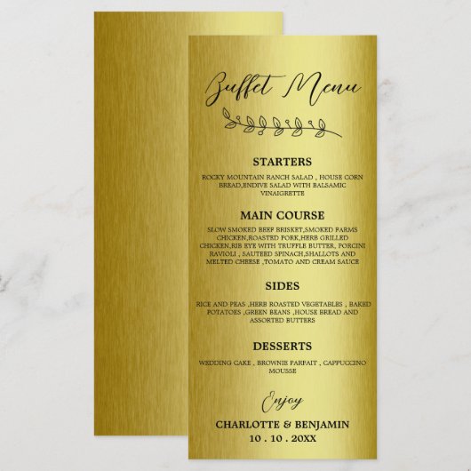 Gouden metalen huwelijksbuffetmenu menu (Voorkant / Achterkant)