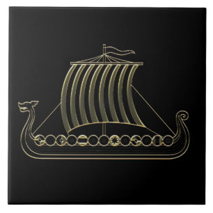 Gouden metalen omtrek van Viking-langboot-tegel Tegeltje