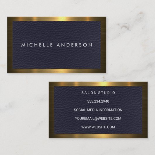Gouden metalen rand | Blauw lederen textuur Visitekaartje (Voorkant / Achterkant)