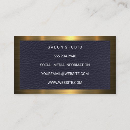 Gouden metalen rand | Blauw lederen textuur Visitekaartje (Achterkant)