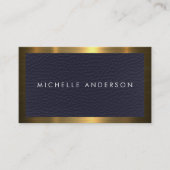 Gouden metalen rand | Blauw lederen textuur Visitekaartje (Voorkant)