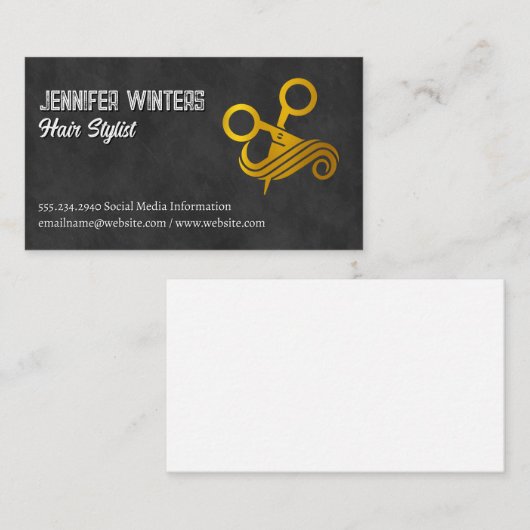 Gouden metalen schaar en haar Logo Visitekaartje (Voorkant / Achterkant)