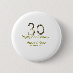 Gouden Metallic 30e Gelukkig jubileum naam toevoeg Ronde Button 5,7 Cm