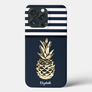 Gouden Metallic Ananas Marineblauwe Strepen Case-Mate iPhone Case