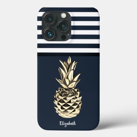 Gouden Metallic Ananas Marineblauwe Strepen Case-Mate iPhone Case (Achterkant)