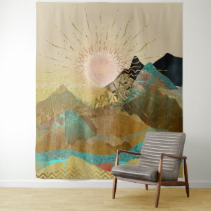Gouden Metallic Berg Landschap Uitzicht Wandkleed
