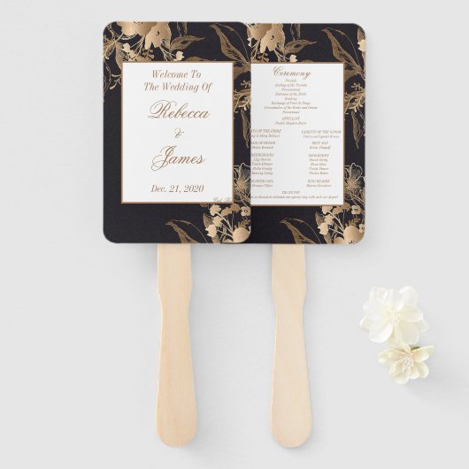 Gouden Metallic Bloemstuk Trouwprogramma Handwaaier (Voorkant en achterkant)