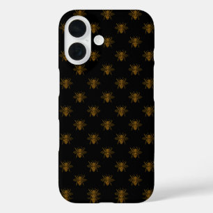 Gouden Metallic Folie Bijen op Zwart iPhone 16 Hoesje