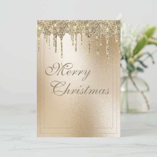 Gouden Metallic Glitter Druppel Elegant Kerstmis Feestdagenkaart (Staand voorkant)