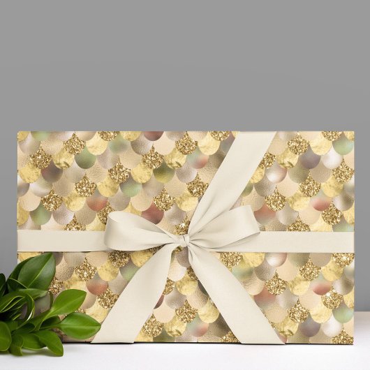 Gouden Metallic Glitter Look Zeemeermin Schalen Cadeaupapier