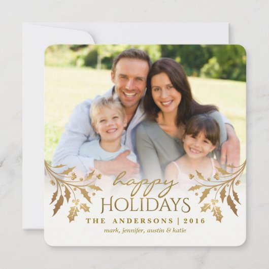 Gouden Metallic Hulstbes Kerst Foto Plat Kaart (Voorkant)