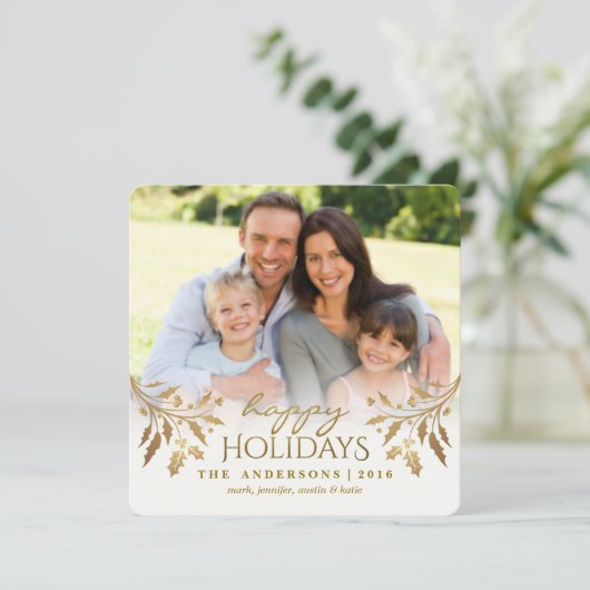 Gouden Metallic Hulstbes Kerst Foto Plat Kaart (Staand voorkant)
