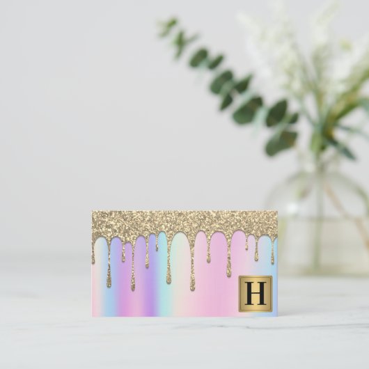 Gouden Metallic Monogram | Glitter Drip | Iridesce Visitekaartje (Staand voorkant)