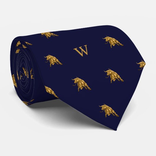 Gouden Metallic Stier Monogram Beginletters Blauw Stropdas (Opgerold)
