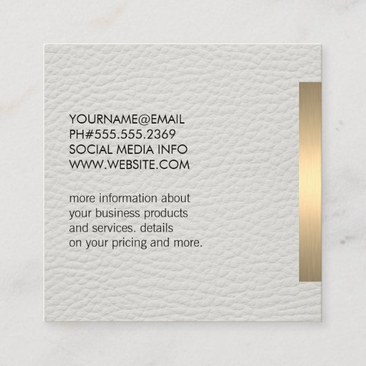 Gouden Metallic Trim Wit Leder Vierkante Visitekaartje (Achterkant)