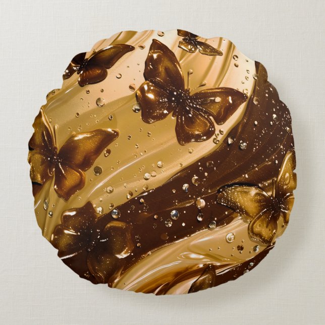 Gouden Metallic Vlinder Glam Abstract Rond Kussen (Voorkant)