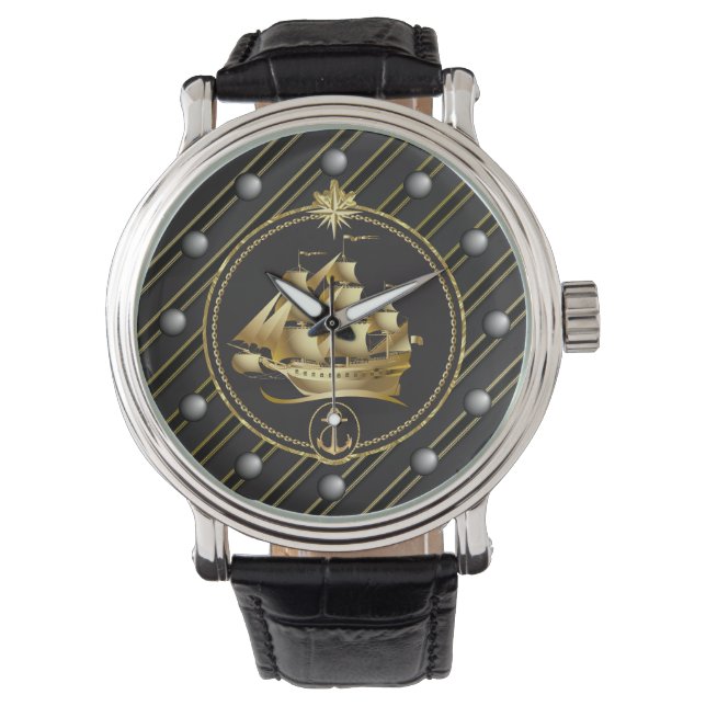 Gouden Metallic Zeilschip & Anker Gouden Strepen Horloge (Voorkant)