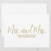 Gouden "Mevrouw en Mevrouw" Lesbisch Trouwbord Kaart (Voorkant / Achterkant)