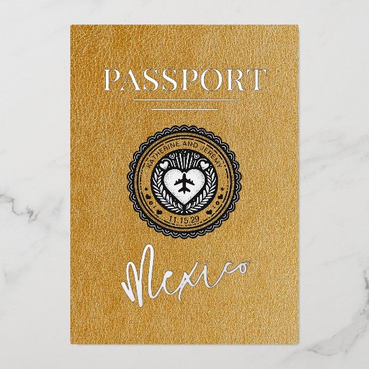 Gouden Mexico Passport bruiloft Folie Uitnodiging (Voorkant)